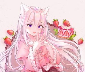 Preview wallpaper girl, ears, strawberry, anime, art, pink