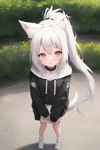 Preview wallpaper girl, ears, tail, choker, hoodie, anime