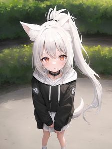 Preview wallpaper girl, ears, tail, choker, hoodie, anime