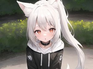 Preview wallpaper girl, ears, tail, choker, hoodie, anime