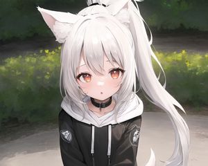 Preview wallpaper girl, ears, tail, choker, hoodie, anime