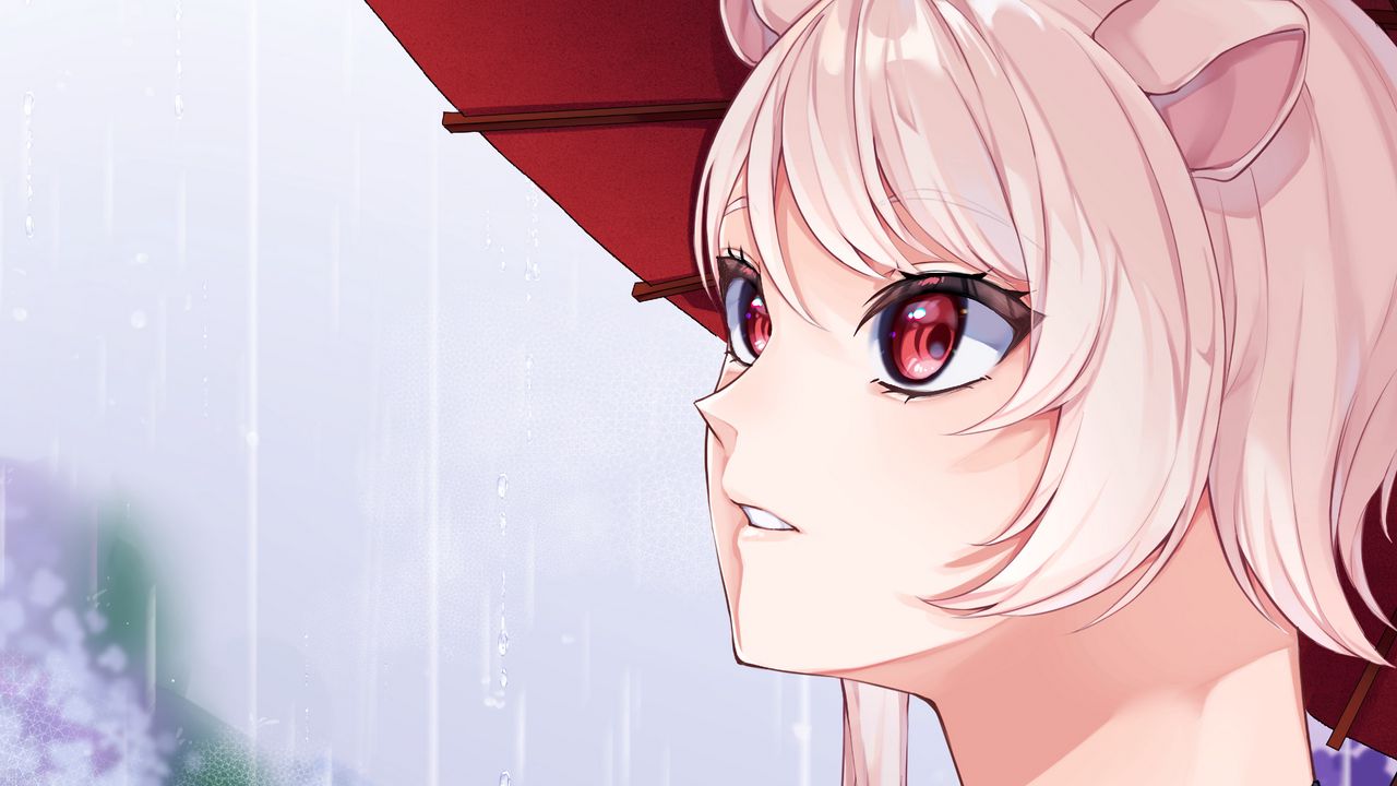 Wallpaper girl, ears, umbrella, rain, anime, art, cartoon