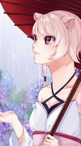 Preview wallpaper girl, ears, umbrella, rain, anime, art, cartoon