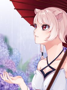 Preview wallpaper girl, ears, umbrella, rain, anime, art, cartoon