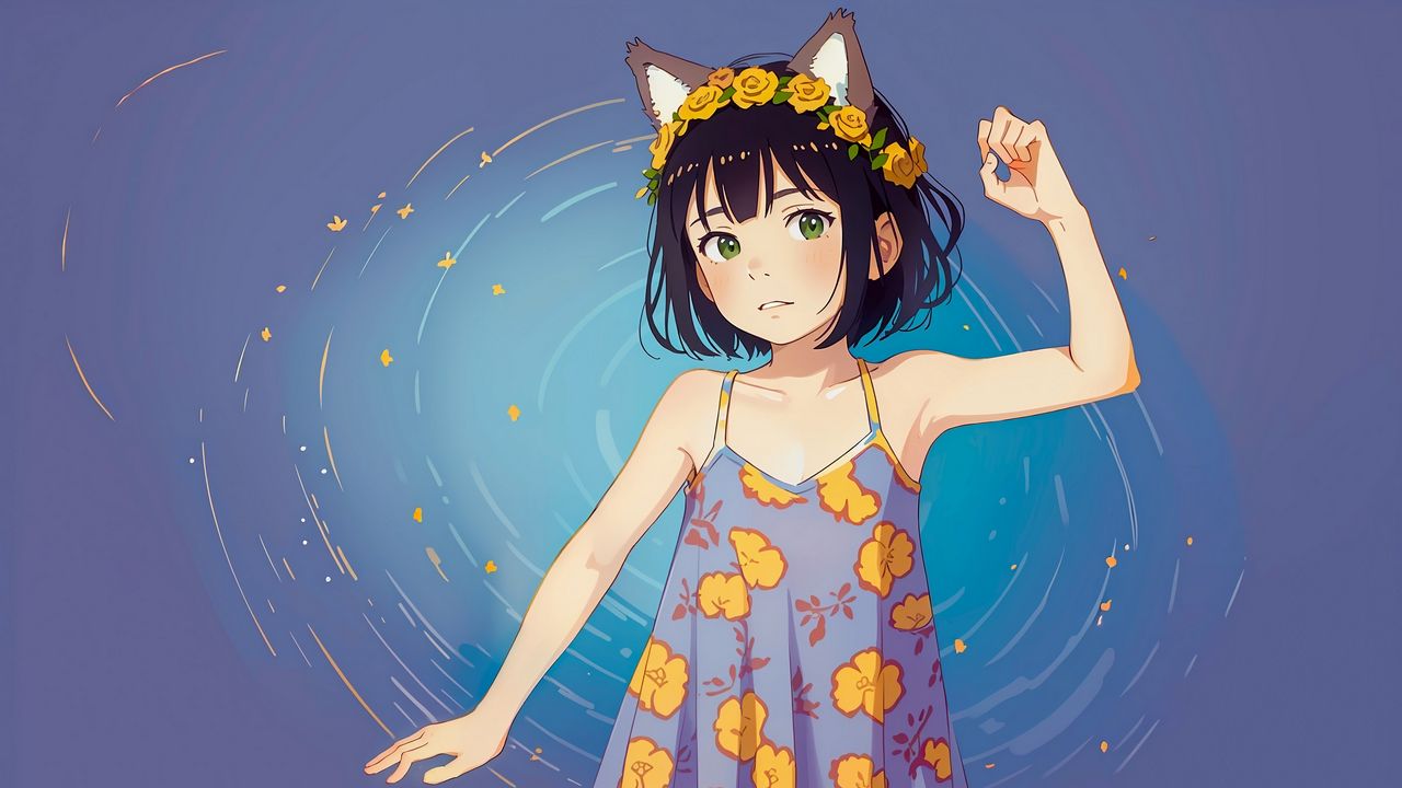 Wallpaper girl, ears, wreath, sundress, pose, anime