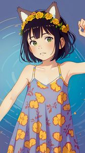 Preview wallpaper girl, ears, wreath, sundress, pose, anime