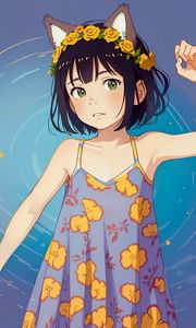 Preview wallpaper girl, ears, wreath, sundress, pose, anime