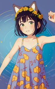 Preview wallpaper girl, ears, wreath, sundress, pose, anime