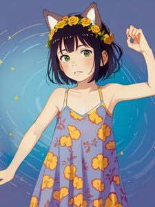 Preview wallpaper girl, ears, wreath, sundress, pose, anime