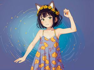 Preview wallpaper girl, ears, wreath, sundress, pose, anime