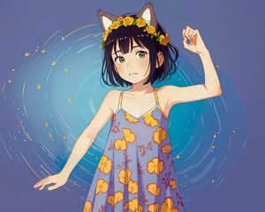 Preview wallpaper girl, ears, wreath, sundress, pose, anime