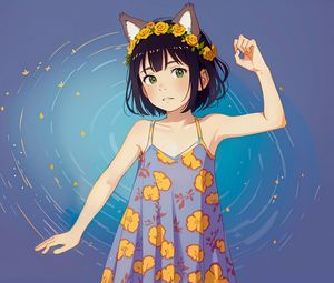 Preview wallpaper girl, ears, wreath, sundress, pose, anime