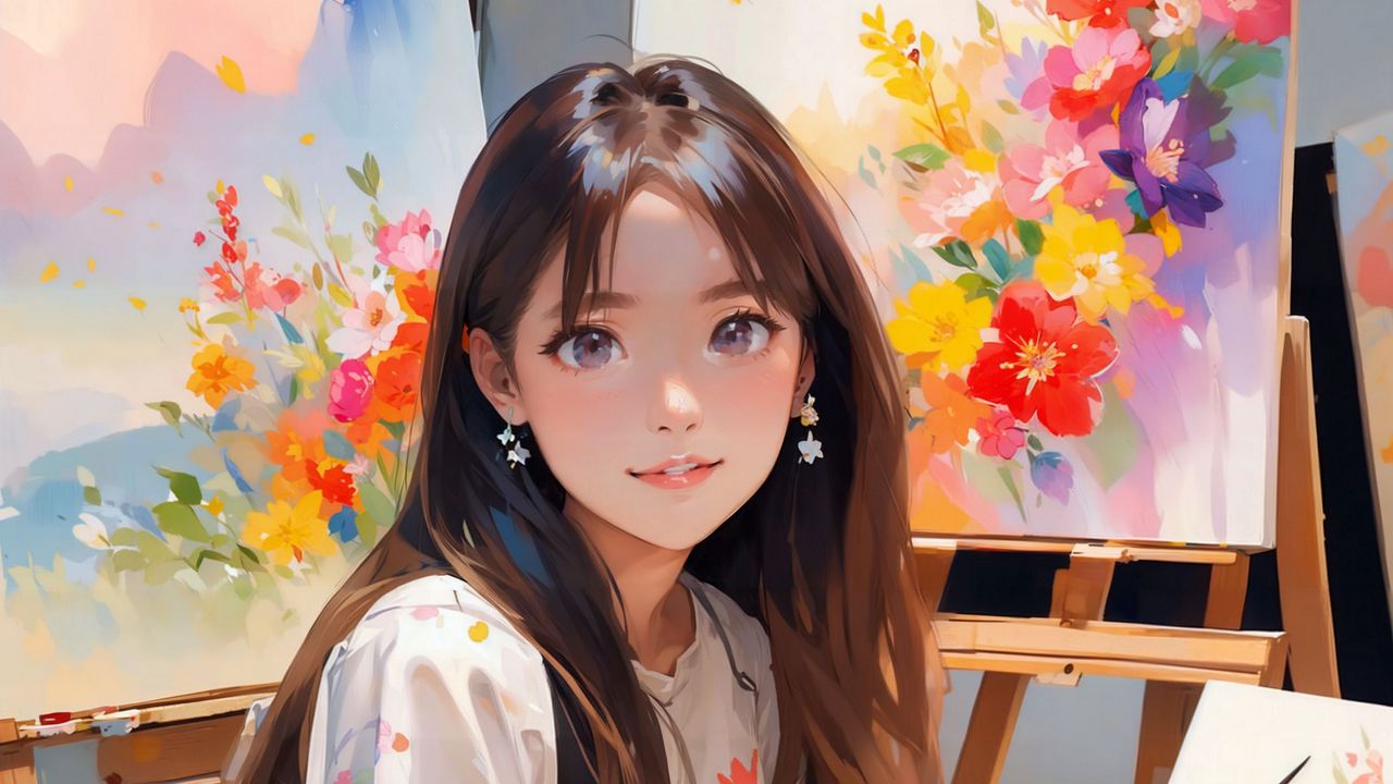 Wallpaper girl, easel, paints, anime, art