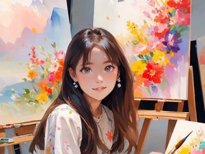 Preview wallpaper girl, easel, paints, anime, art