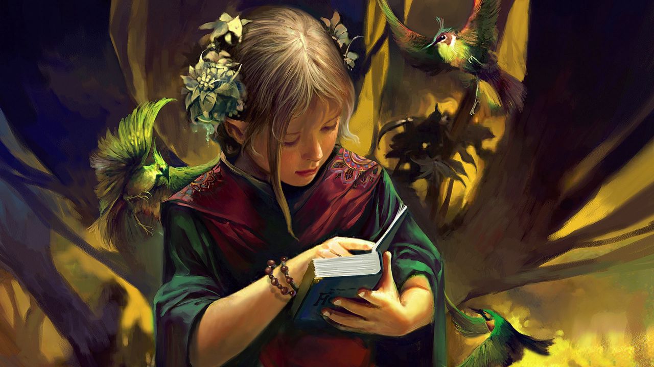 Wallpaper girl, elf, book, bird, fantasy