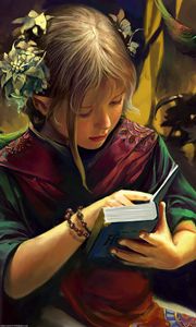 Preview wallpaper girl, elf, book, bird, fantasy