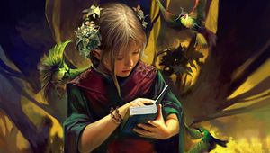 Preview wallpaper girl, elf, book, bird, fantasy