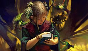 Preview wallpaper girl, elf, book, bird, fantasy