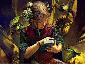 Preview wallpaper girl, elf, book, bird, fantasy