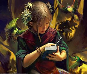 Preview wallpaper girl, elf, book, bird, fantasy