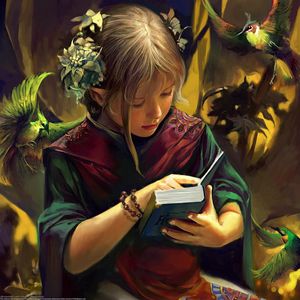 Preview wallpaper girl, elf, book, bird, fantasy