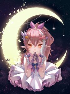 Preview wallpaper girl, elf, dress, moon, anime, art