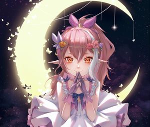 Preview wallpaper girl, elf, dress, moon, anime, art