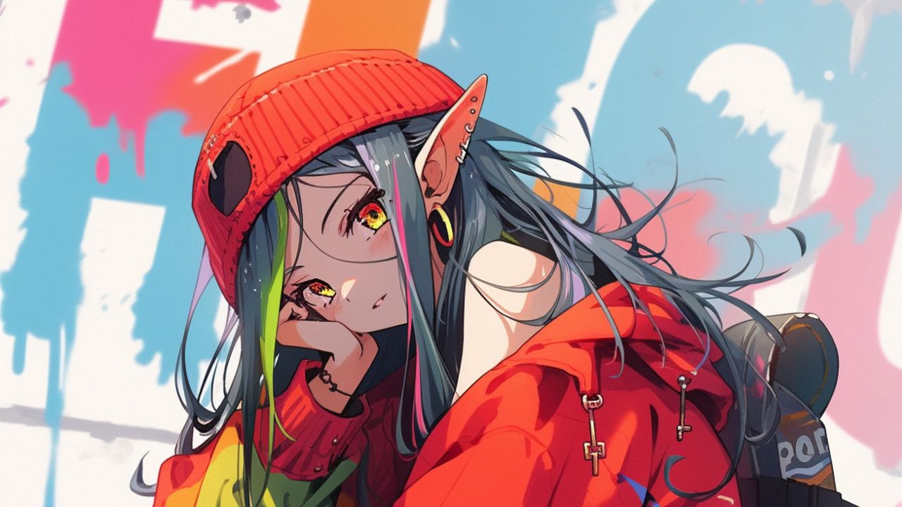 Wallpaper girl, elf, earrings, hat, jacket, sneakers, anime