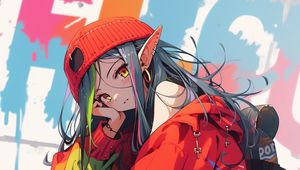 Preview wallpaper girl, elf, earrings, hat, jacket, sneakers, anime