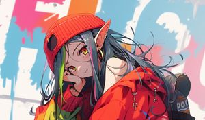 Preview wallpaper girl, elf, earrings, hat, jacket, sneakers, anime