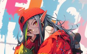 Preview wallpaper girl, elf, earrings, hat, jacket, sneakers, anime