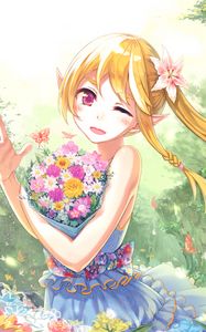 Preview wallpaper girl, elf, flowers, bouquet, happy, live, anime, art