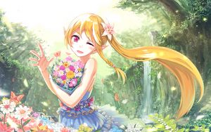 Preview wallpaper girl, elf, flowers, bouquet, happy, live, anime, art
