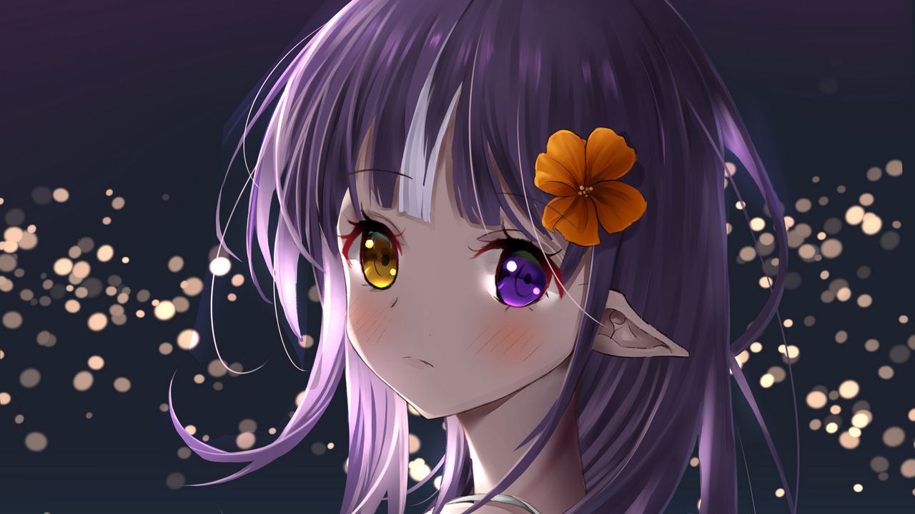 Wallpaper girl, elf, heterochromia, anime, art, purple