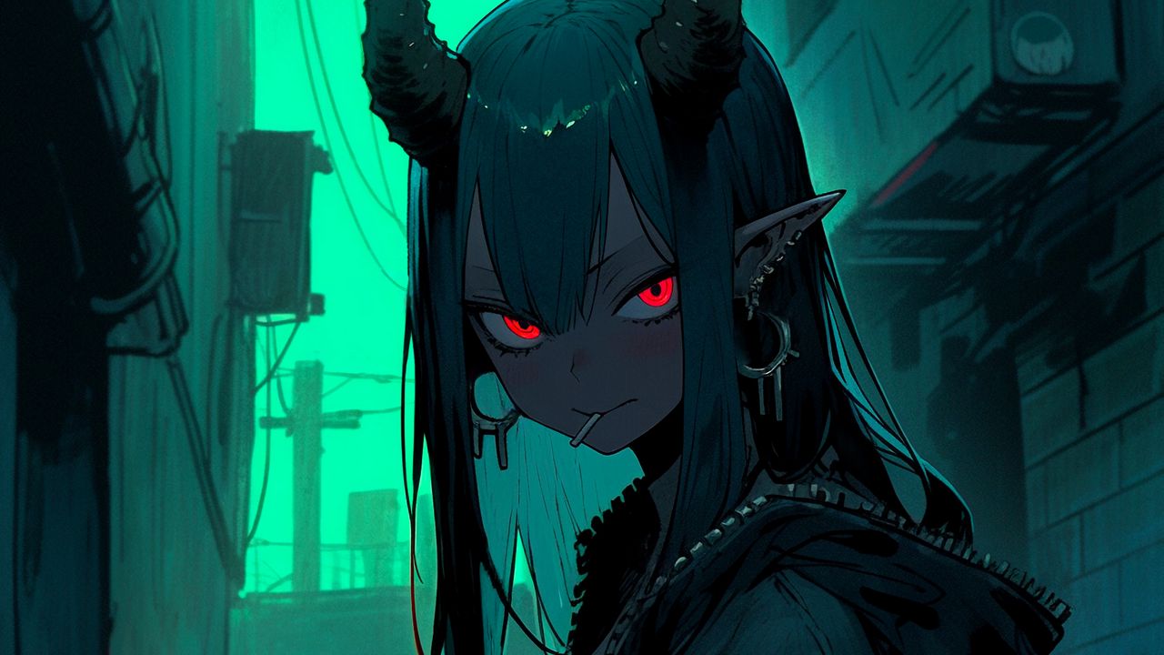 Wallpaper girl, elf, horns, piercing, anime