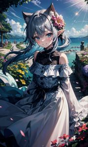 Preview wallpaper girl, elf, neko, smile, sea, anime, art