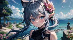 Preview wallpaper girl, elf, neko, smile, sea, anime, art