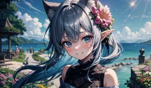 Preview wallpaper girl, elf, neko, smile, sea, anime, art