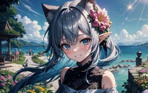 Preview wallpaper girl, elf, neko, smile, sea, anime, art