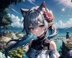 Preview wallpaper girl, elf, neko, smile, sea, anime, art