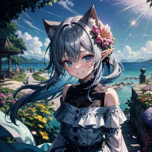 Preview wallpaper girl, elf, neko, smile, sea, anime, art