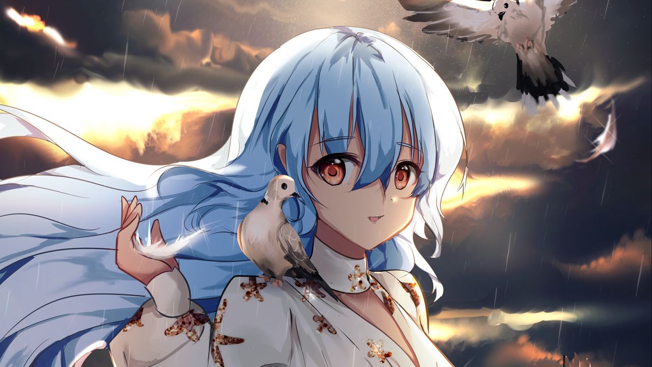 Wallpaper girl, elf, pigeons, birds, anime