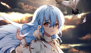 Preview wallpaper girl, elf, pigeons, birds, anime