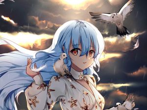 Preview wallpaper girl, elf, pigeons, birds, anime