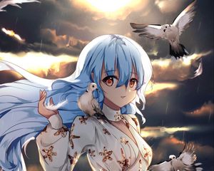 Preview wallpaper girl, elf, pigeons, birds, anime