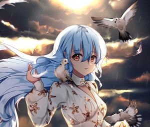 Preview wallpaper girl, elf, pigeons, birds, anime