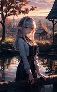 Preview wallpaper girl, elf, pond, anime, art