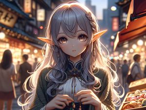 Preview wallpaper girl, elf, street, evening, anime, art