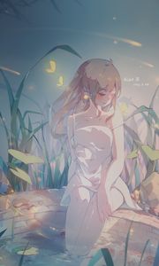 Preview wallpaper girl, elf, well, grass, anime, art