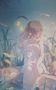Preview wallpaper girl, elf, well, grass, anime, art